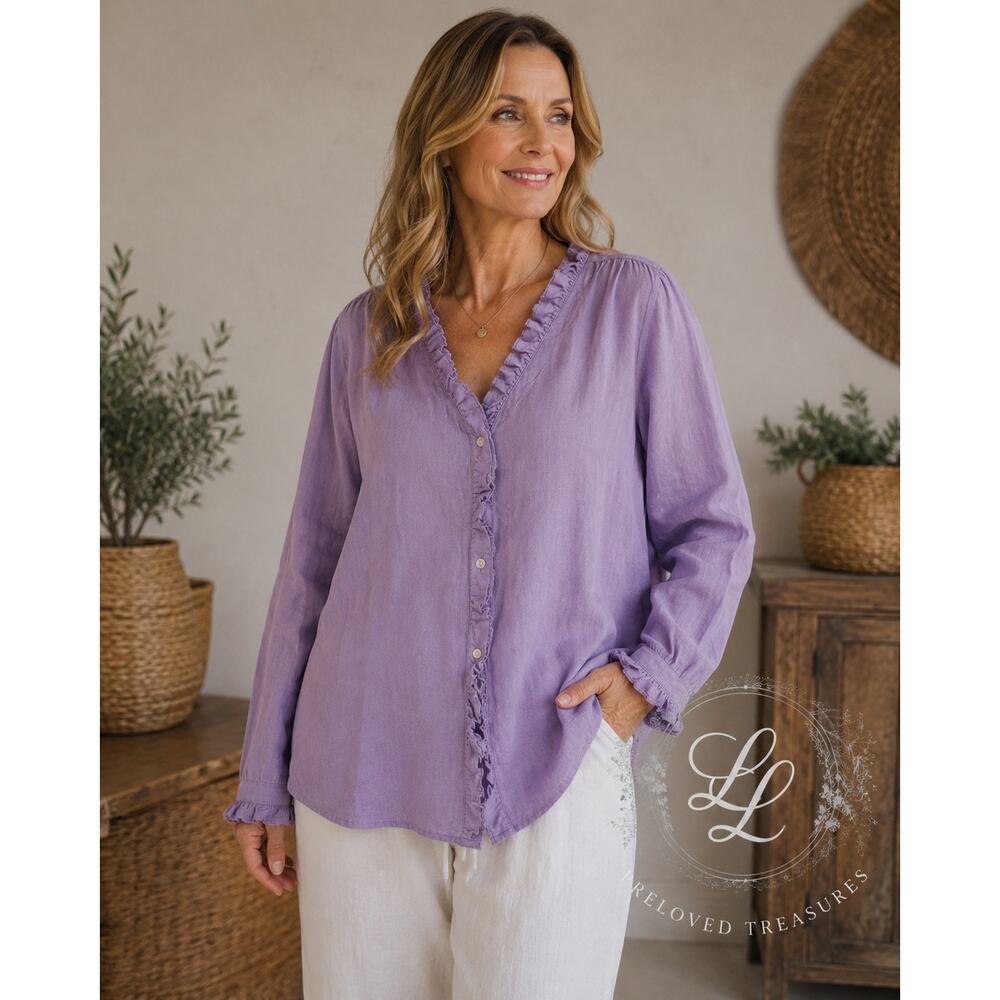 Mianxu Lavender Linen Blend Ruffle Blouse XXL‎ Cottagecore Prairie Boho Top
